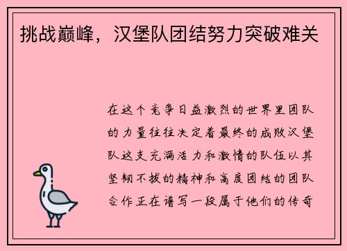 挑战巅峰，汉堡队团结努力突破难关